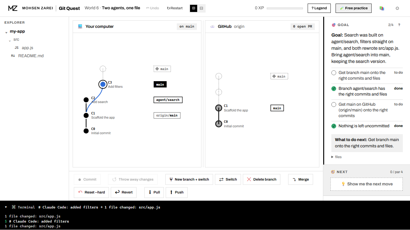 The Git Quest play screen: your computer's commit graph next to GitHub's, the goal as a checklist on the right, Git buttons below and the terminal strip at the bottom.
